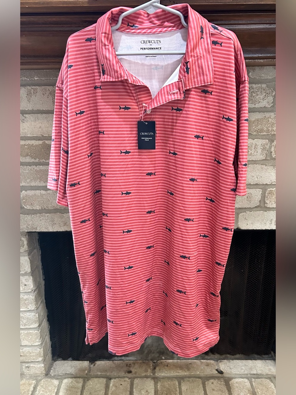 Crewcuts Coral Striped Polo with Navy Shark Print EUC